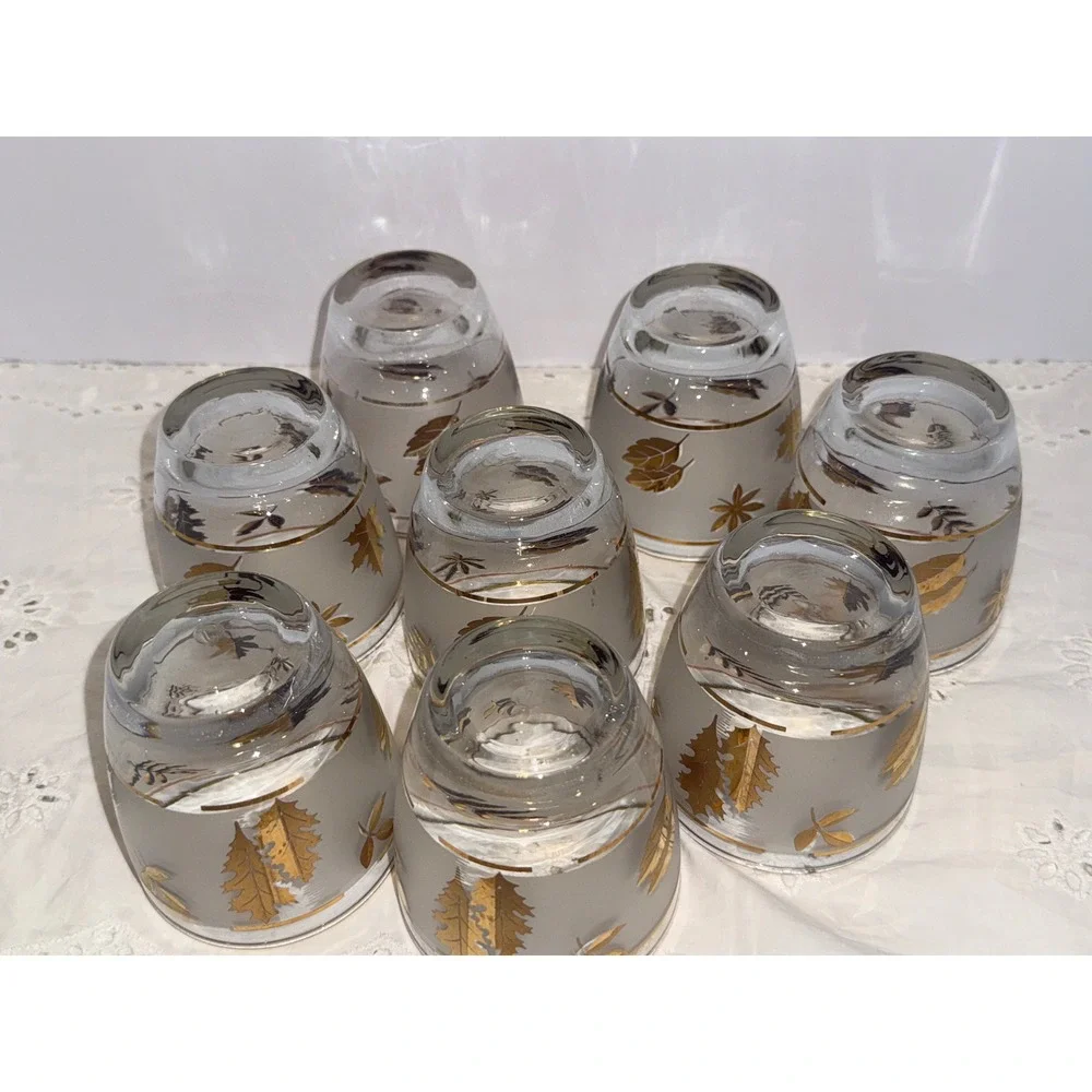 Libbey Golden Foliage 8 Rocks Glasses Ice Bucket Brass Caddy Set Vintage MCM